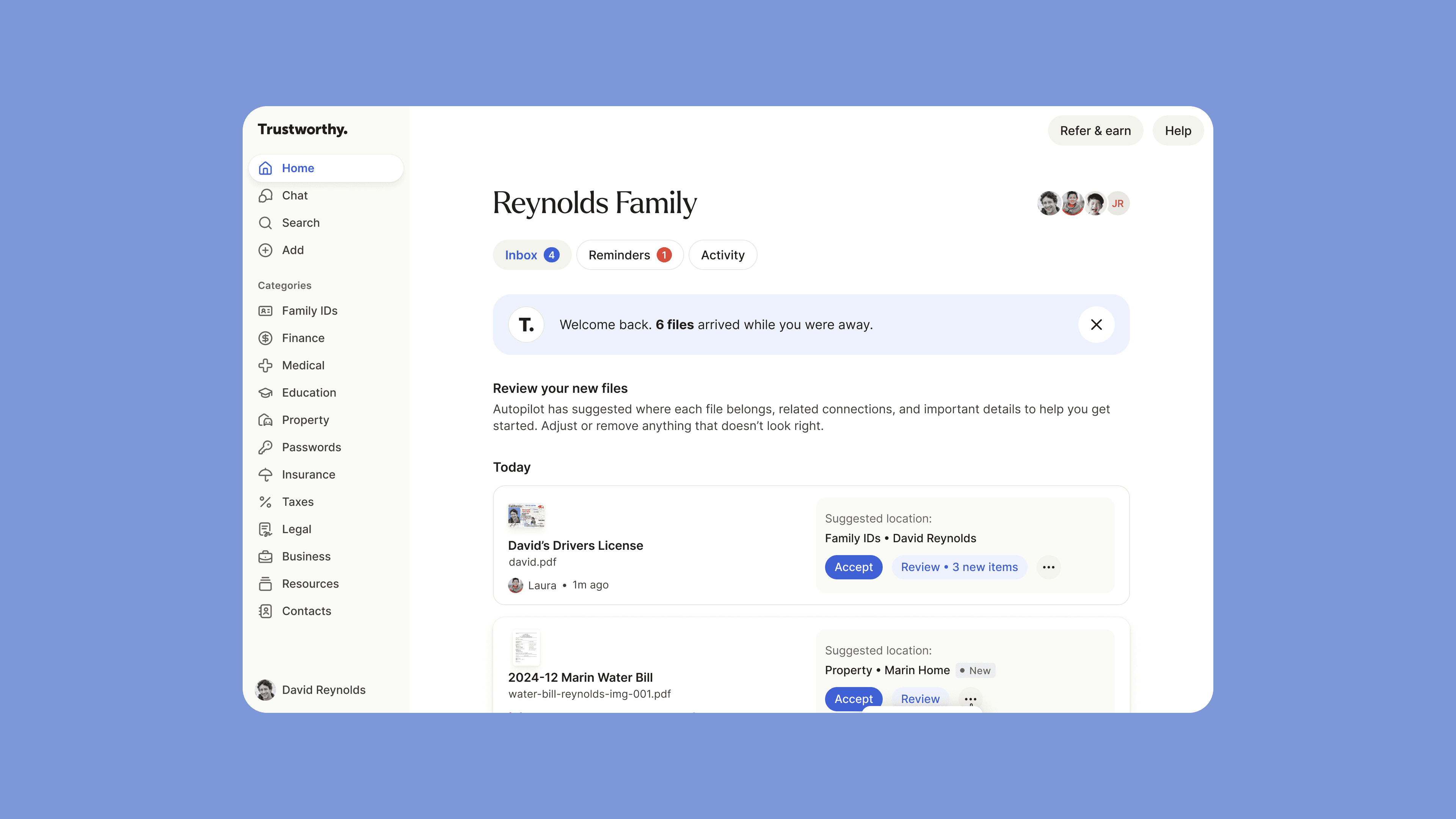 Official product illustration showing incoming files and suggested destinations in Trustworthy’s Inbox