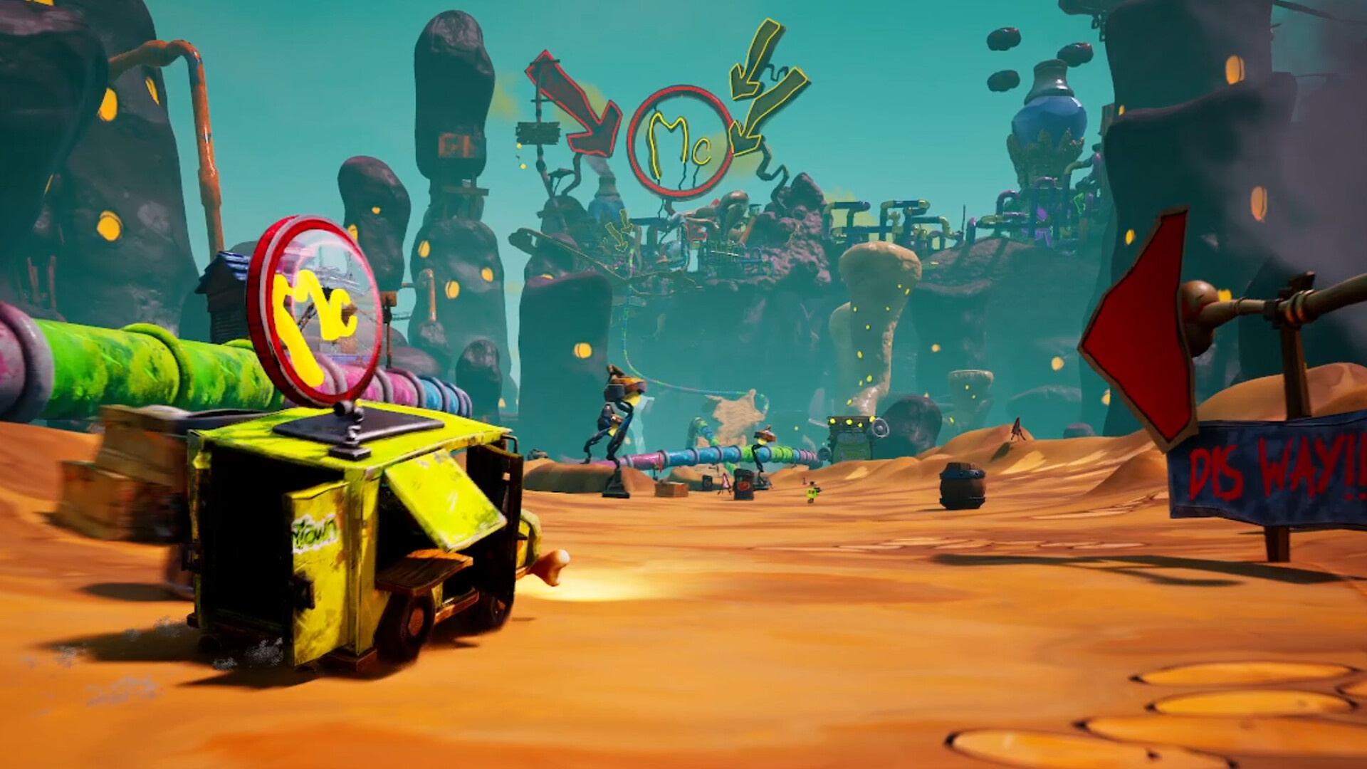 A battered yellow Goblintown burger truck in a colourful landscape of pipes and strange towers