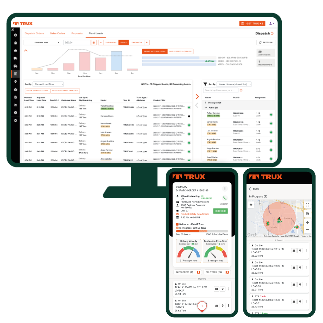 Trux dispatch dashboard and mobile delivery screens