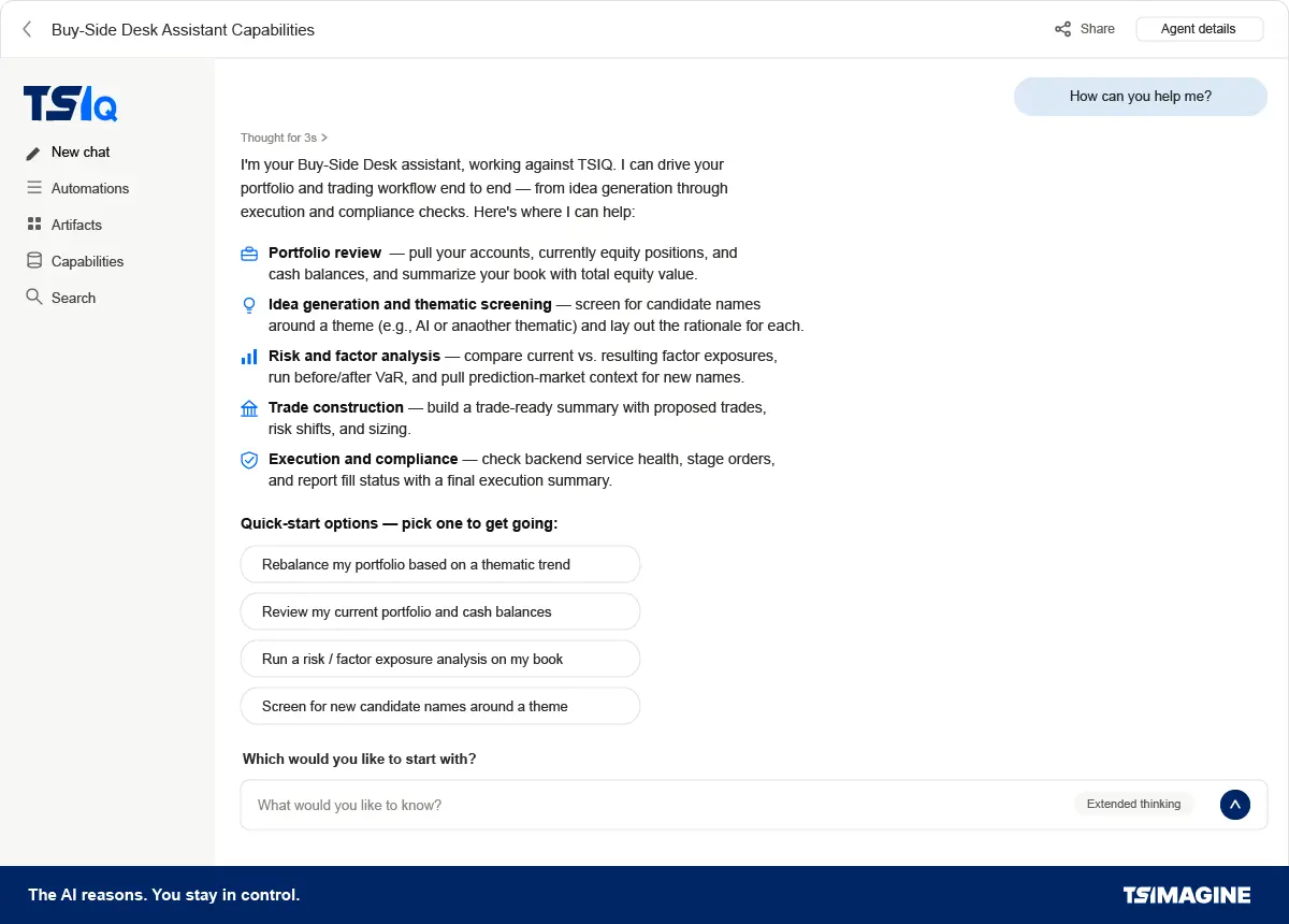 TSIQ buy-side desk assistant listing portfolio review, risk analysis, trade construction and compliance capabilities