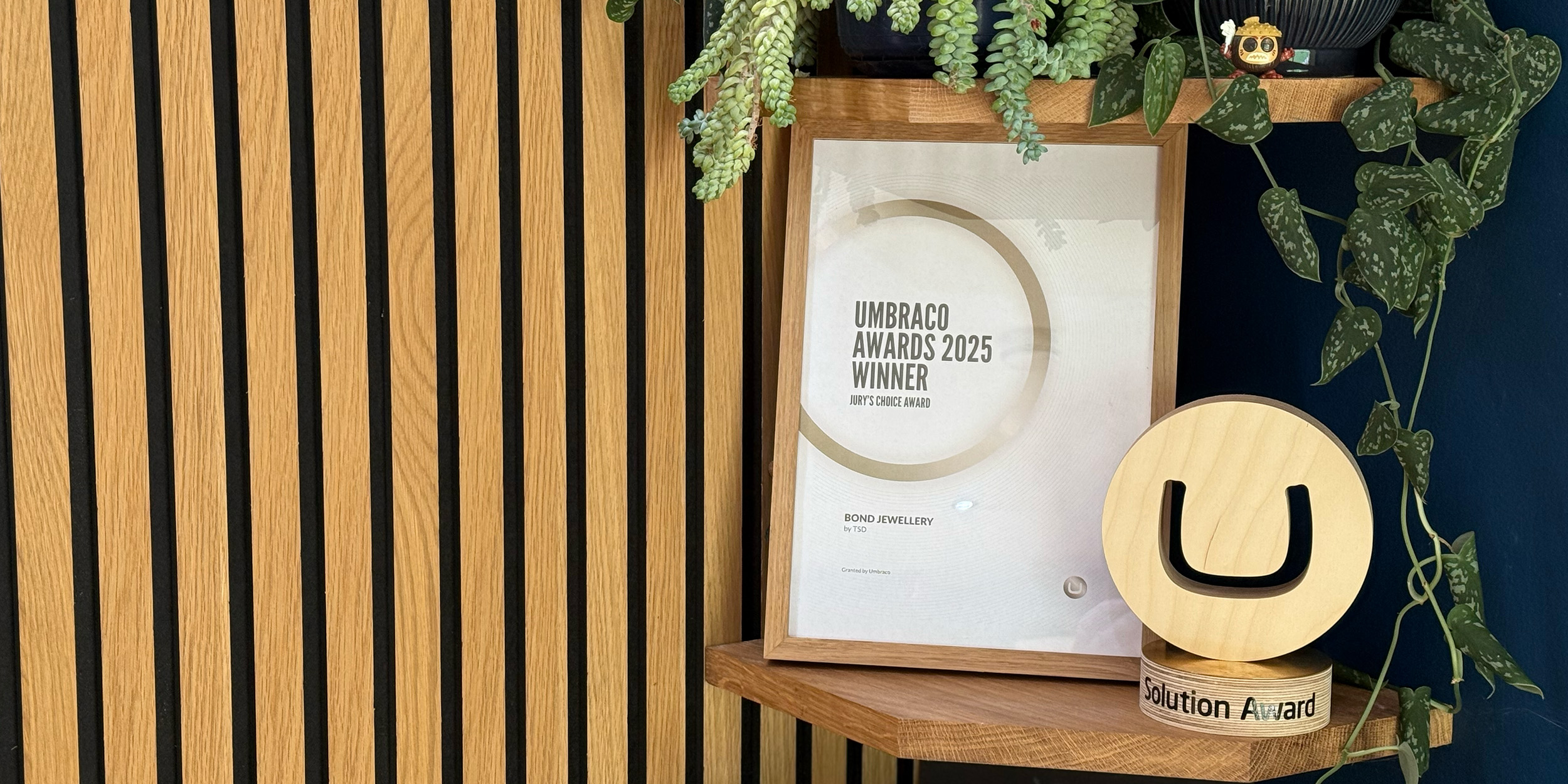 The framed Umbraco Awards 2025 Jury's Choice certificate and wooden award for TSD's Bond Jewellery project