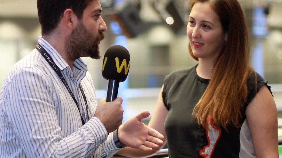 Tugce Bulut, right, talking with a Webrazzi interviewer at NOAH London 2018
