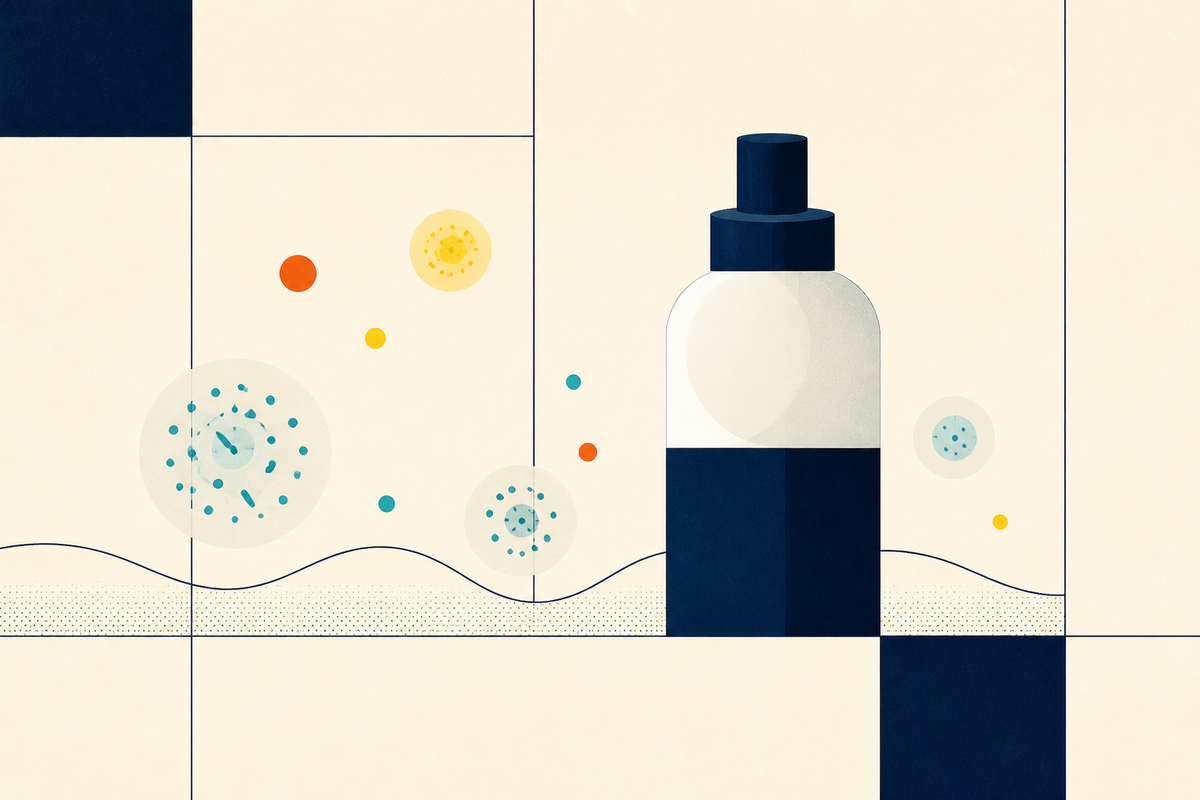 Abstract Swiss-style composition of a skincare bottle, microbiome circles and a skin-barrier wave