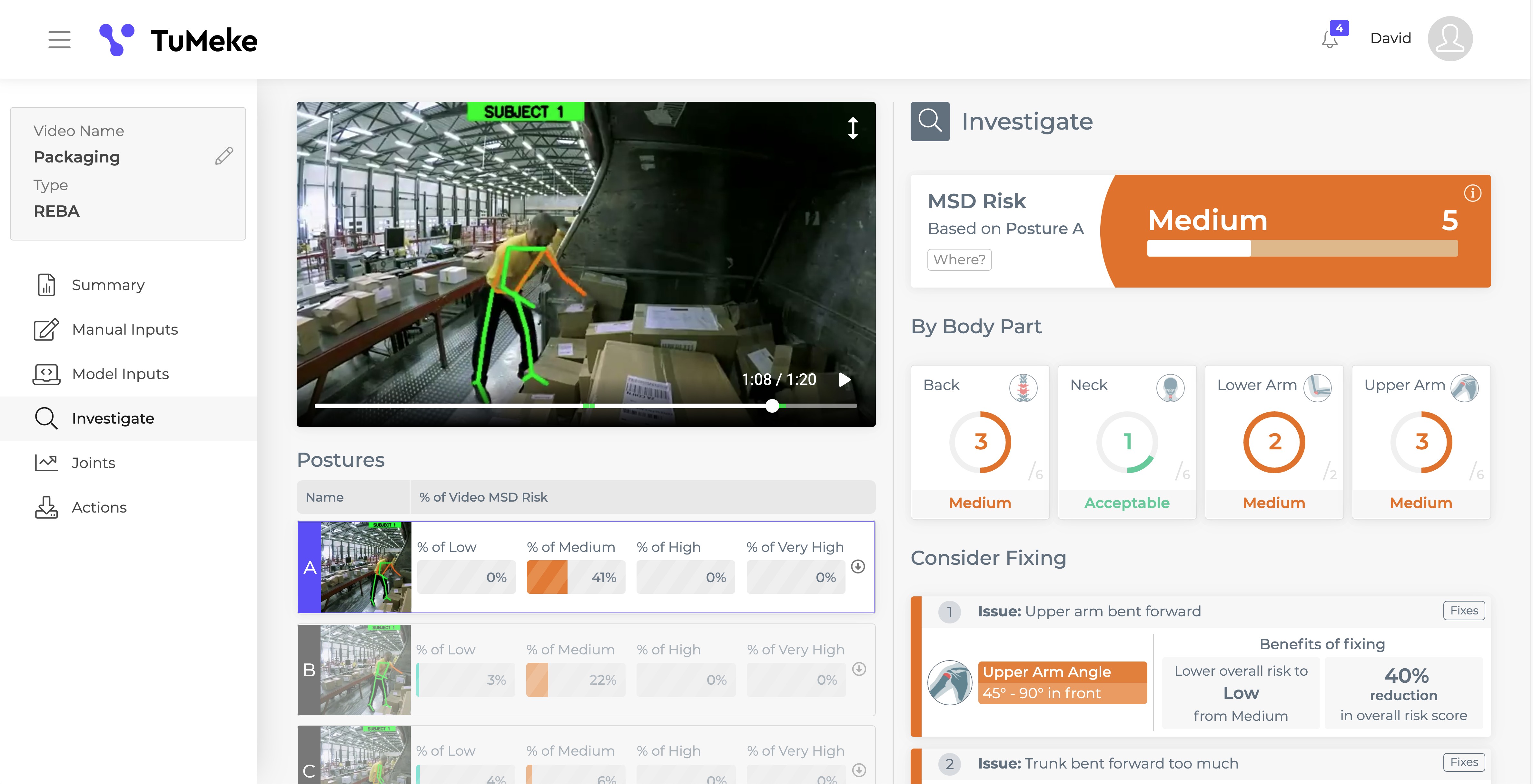 Risk Suite dashboard displaying a job video, posture breakdown, and possible risk reduction from fixing an upper arm angle