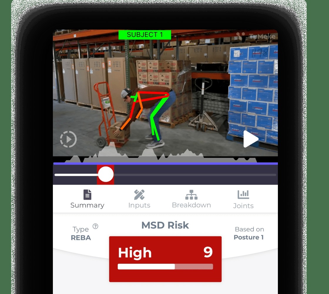 TuMeke mobile interface showing a worker lifting a box, posture tracking, and a high REBA risk score