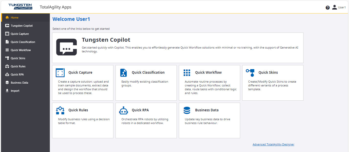 Tungsten TotalAgility interface showing Copilot and quick workflow tools