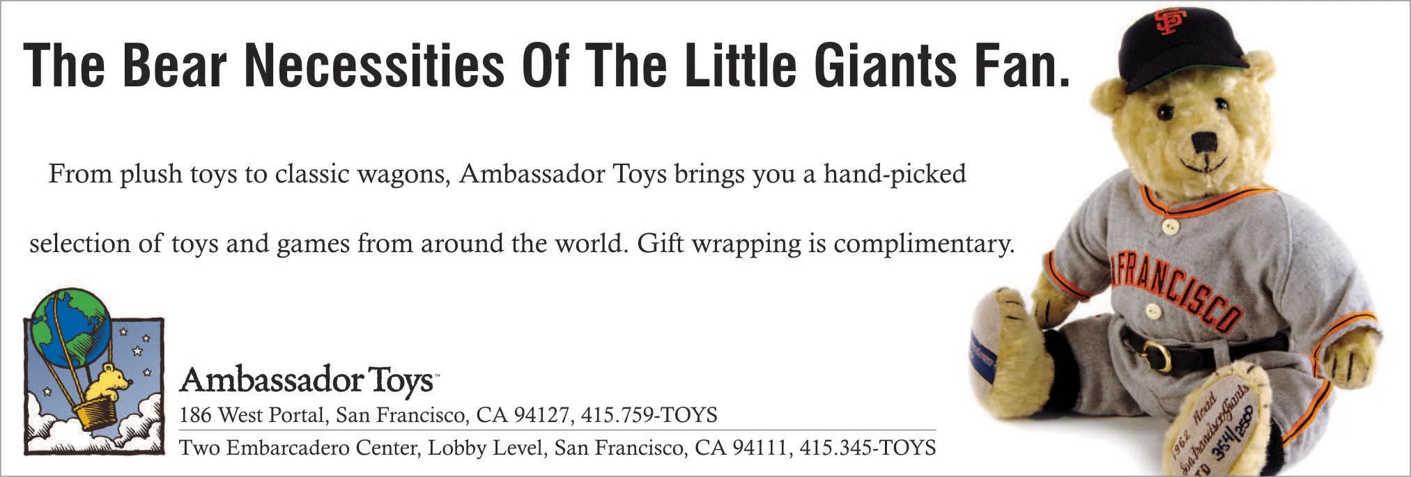 Ambassador Toys advertisement featuring a teddy bear in San Francisco Giants clothing