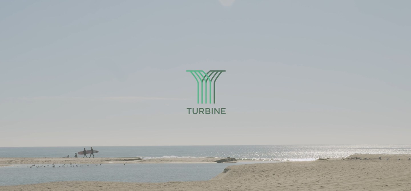 Turbine brand imagery over a Santa Monica beach and shoreline