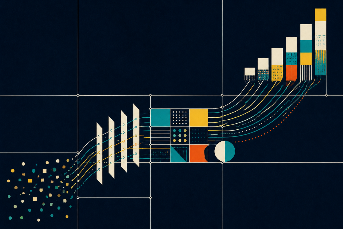 Abstract Swiss-style illustration of scattered modules passing through a measured system and rising into ordered columns