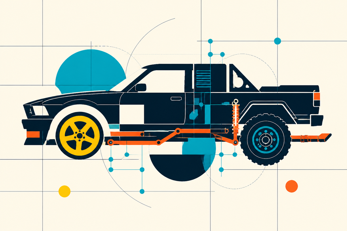 Abstract Swiss-style composition of a modular performance vehicle assembled from geometric parts