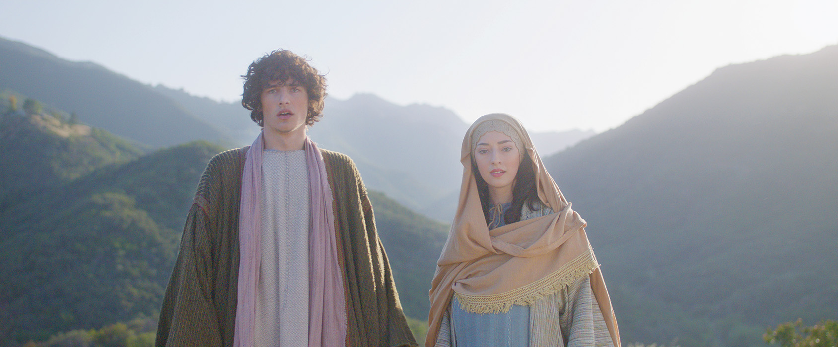 Actors portraying Joseph and Mary in a landscape from Turning Point’s Nativity production