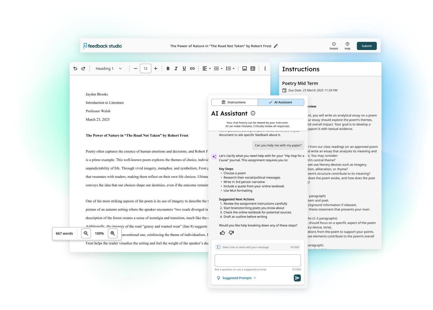 Turnitin Clarity product illustration showing its writing editor, assignment instructions, and AI assistant