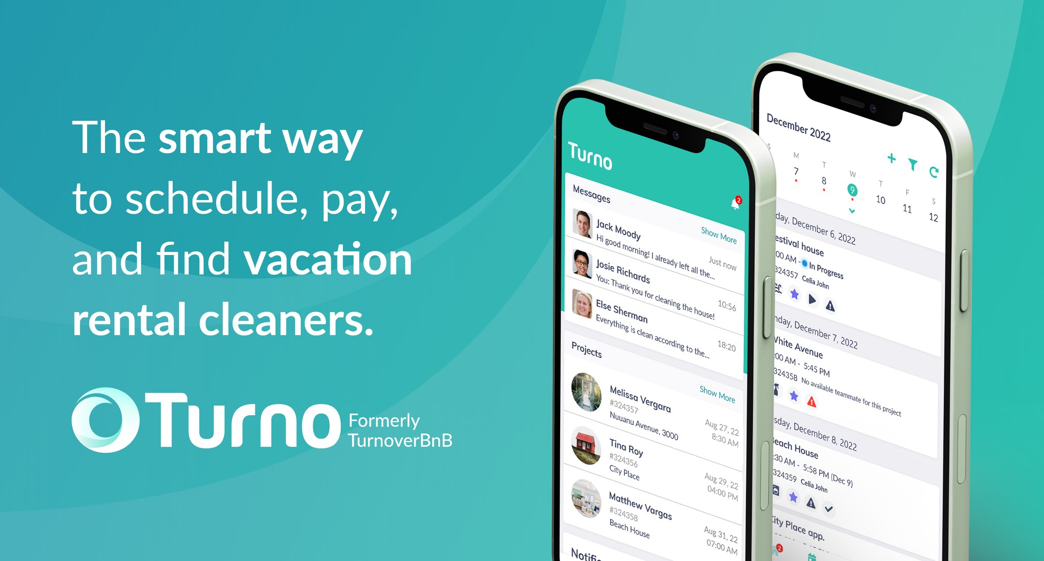 Turno promotional product image showing mobile messaging and a cleaning project calendar