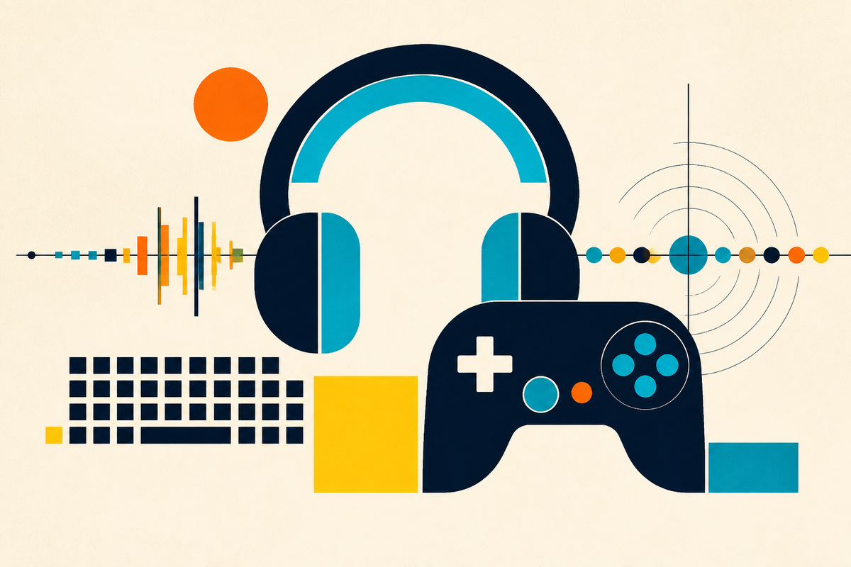 Abstract Swiss-style composition of a headset, controller, keyboard and audio signals