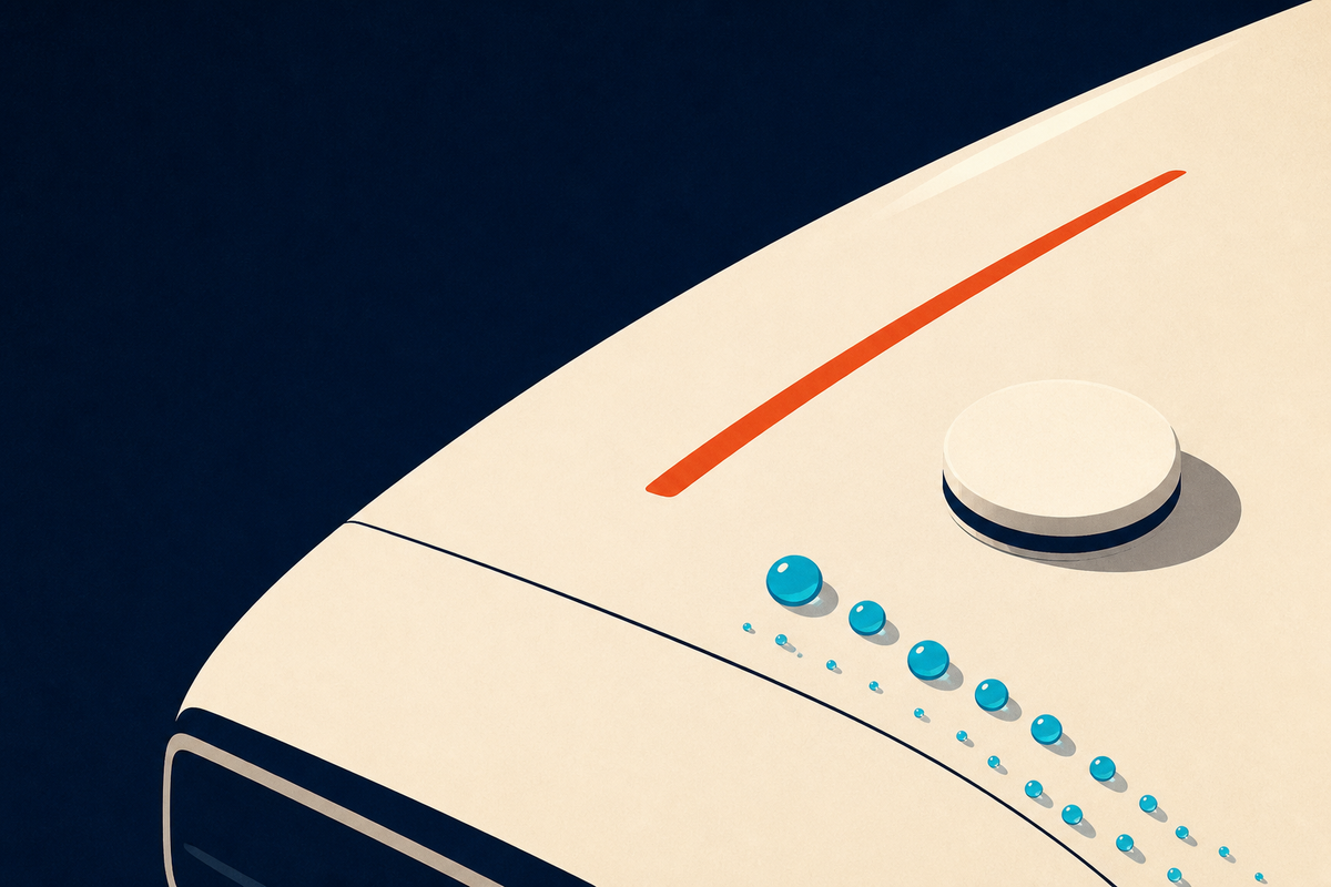Abstract Swiss-style illustration of a polished car surface, wax applicator, and water beads