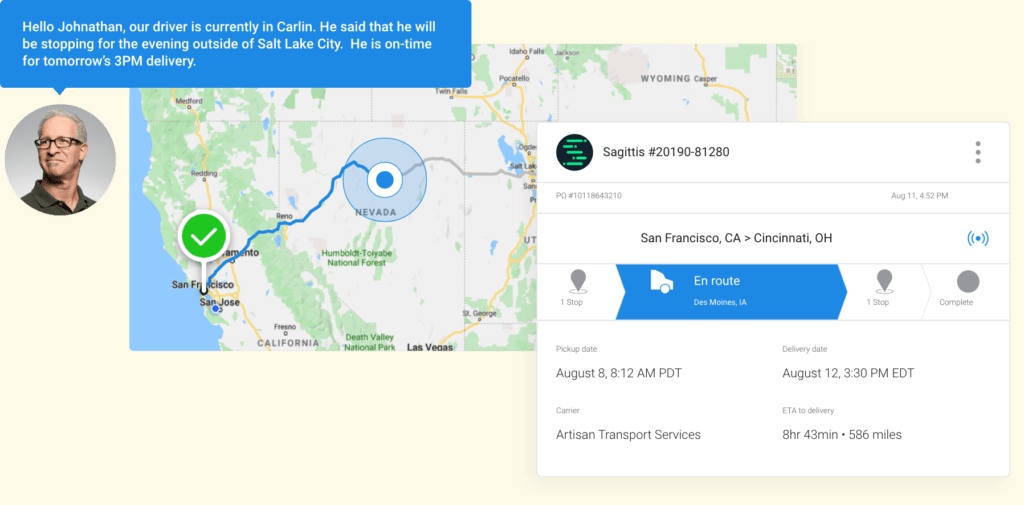 Turvo product illustration combining a shipment map, a driver status message, and a shipment details card