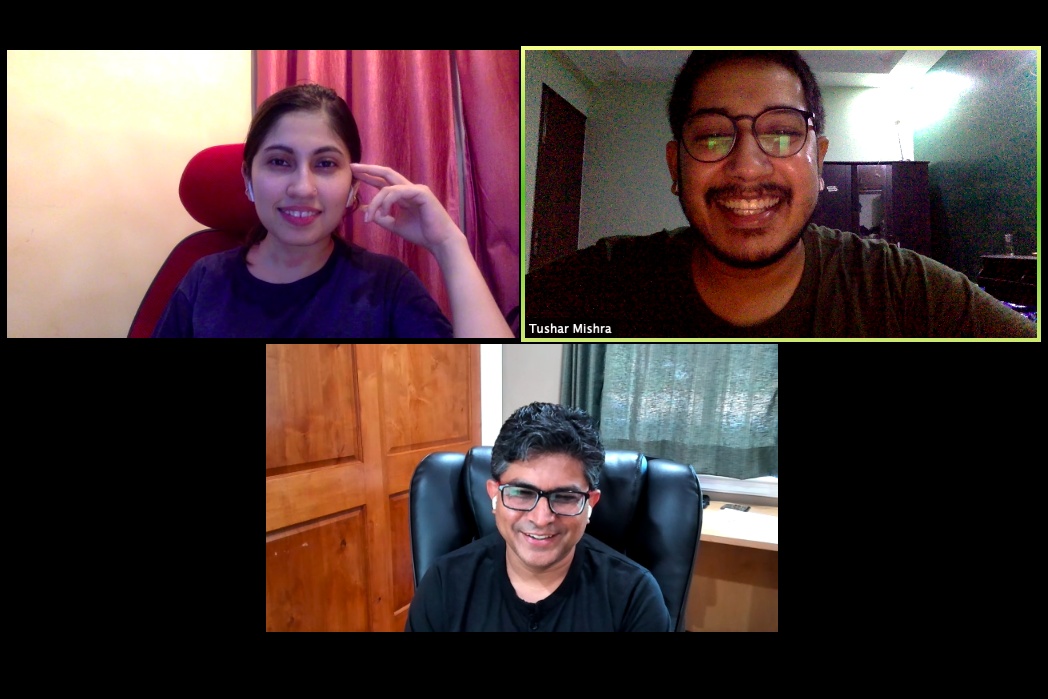 Video call showing Madhulika Mukherjee at top left, Tushar Mishra at top right and Accel’s Dinesh Katiyar below