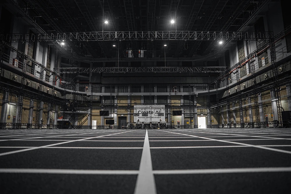 The marked floor and overhead equipment of CreateAI’s Beijing motion capture studio