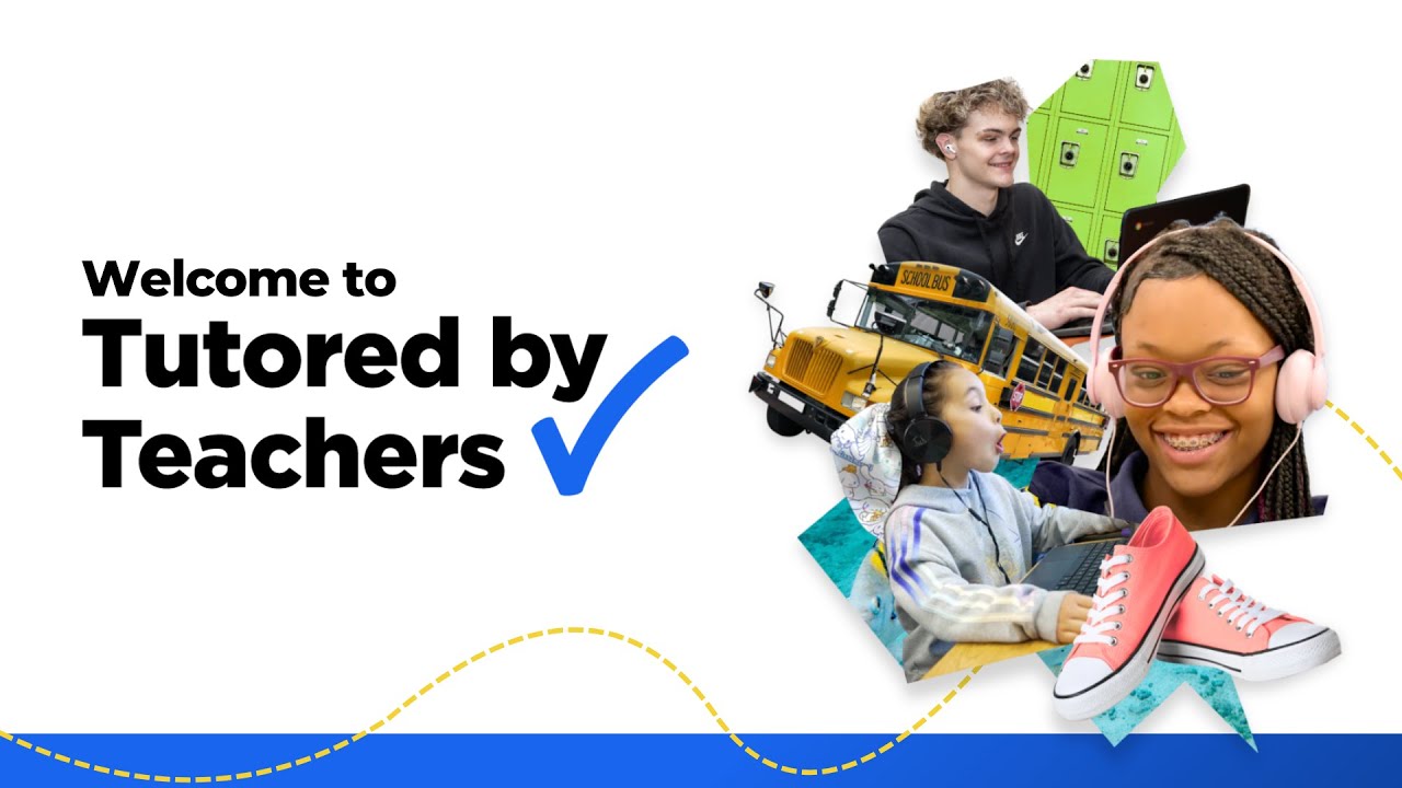 Tutored by Teachers introductory video artwork featuring students using laptops and headphones