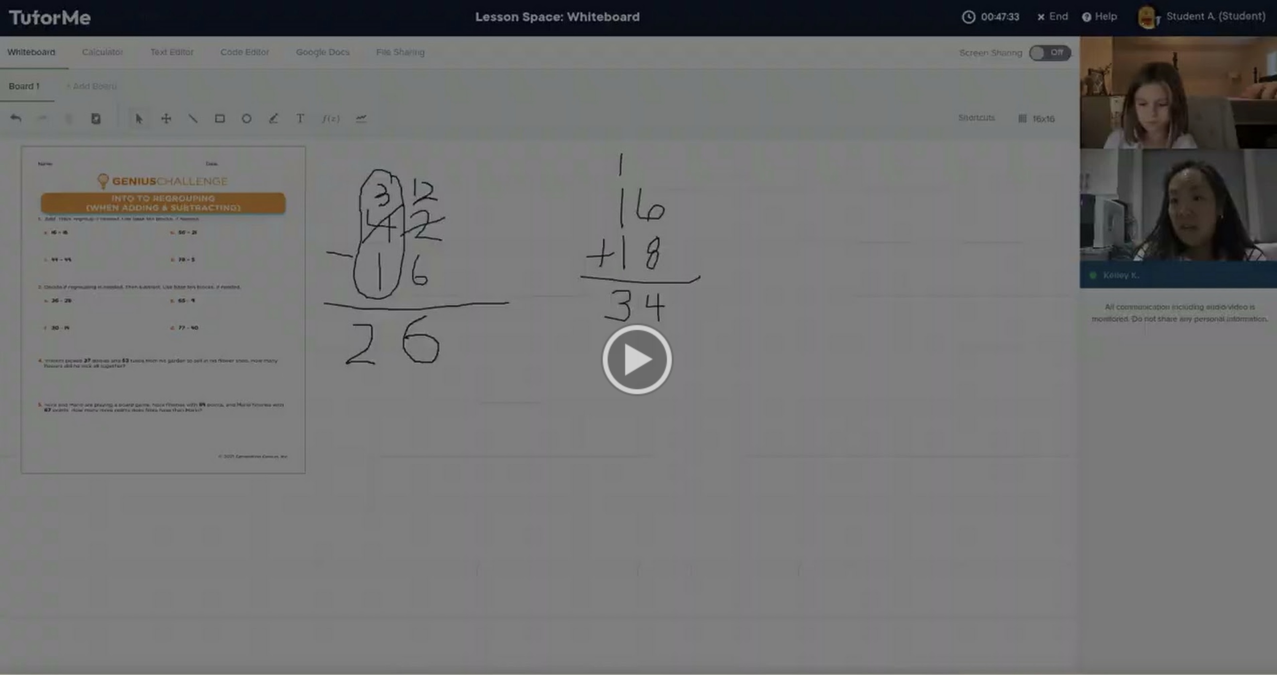 TutorMe session showcase showing a shared regrouping worksheet and tutor-student video panels