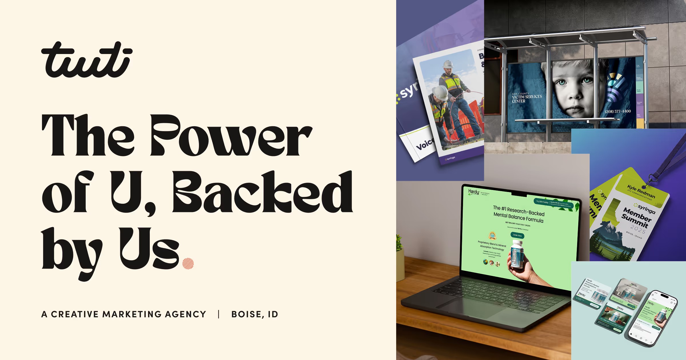 Tuuti Agency brand collage showing client work across websites, campaign design and outdoor advertising