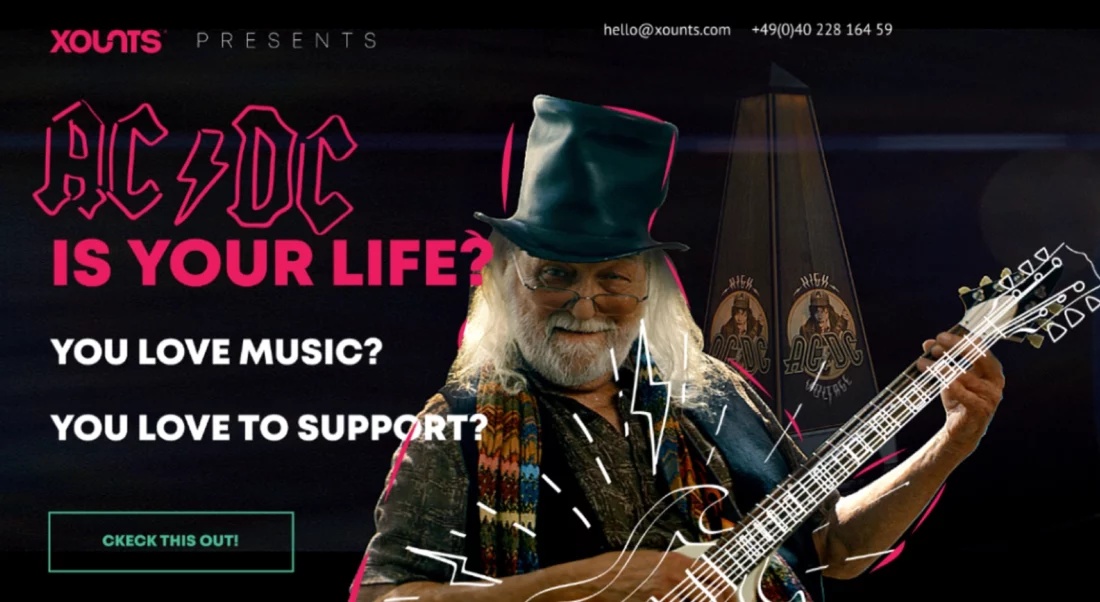 XOUNTS campaign artwork featuring a guitar player, colorful type and an AC/DC-branded speaker