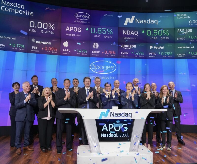 Ty Silberhorn and the Apogee team celebrating at the Nasdaq opening bell ceremony