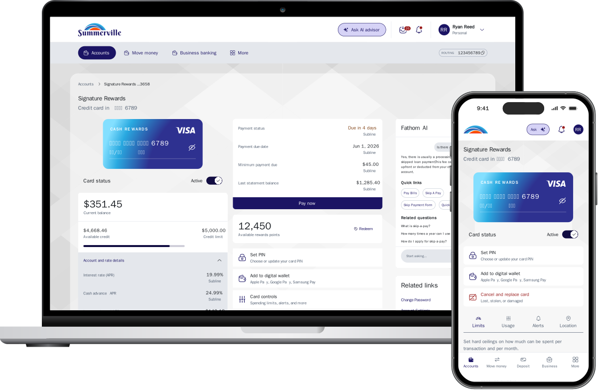 Tyfone’s nFinia retail banking interface illustrated on a laptop and phone