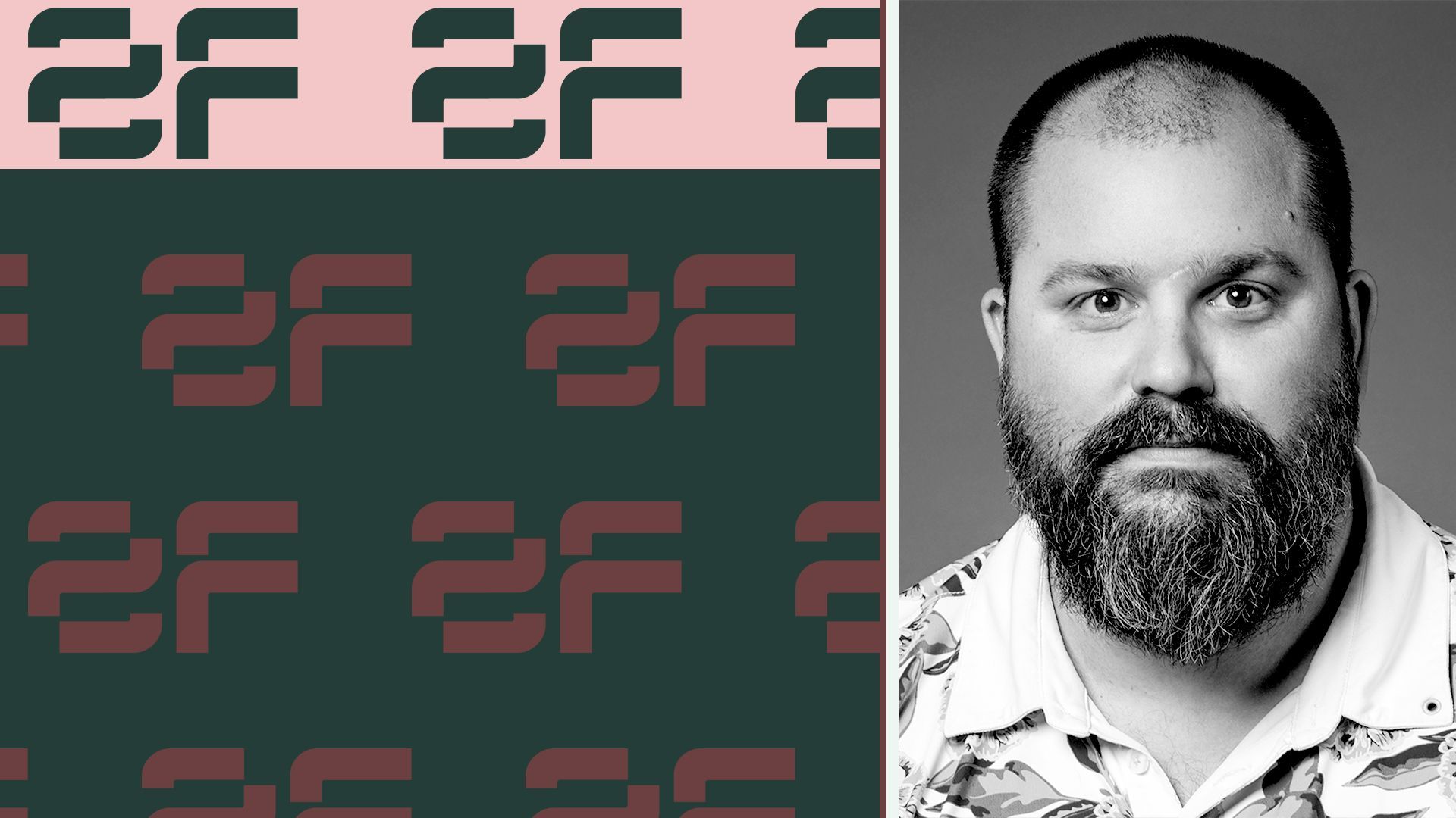 Black-and-white portrait of Tyler Sweatt beside a patterned field of Second Front marks