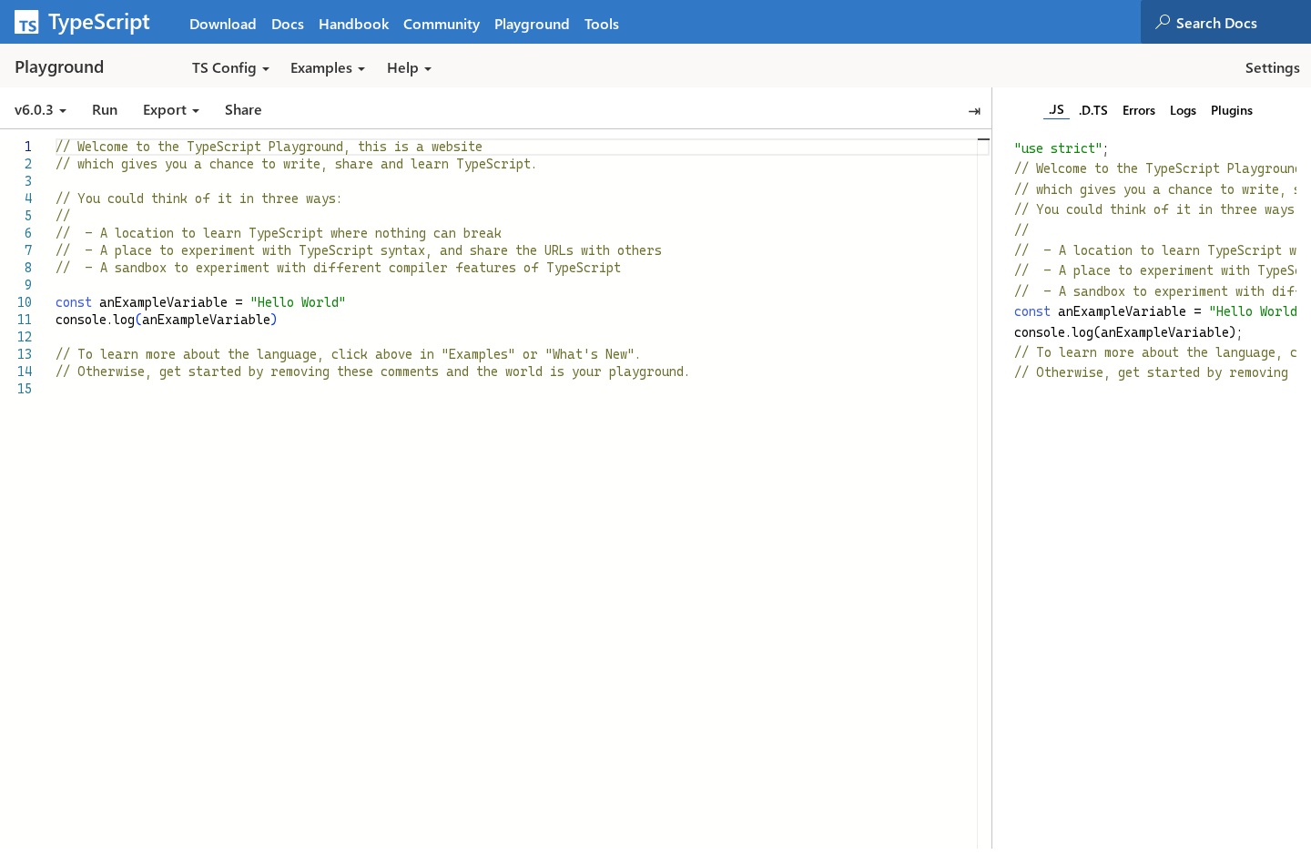 The official TypeScript Playground showing editable TypeScript on the left and generated JavaScript on the right