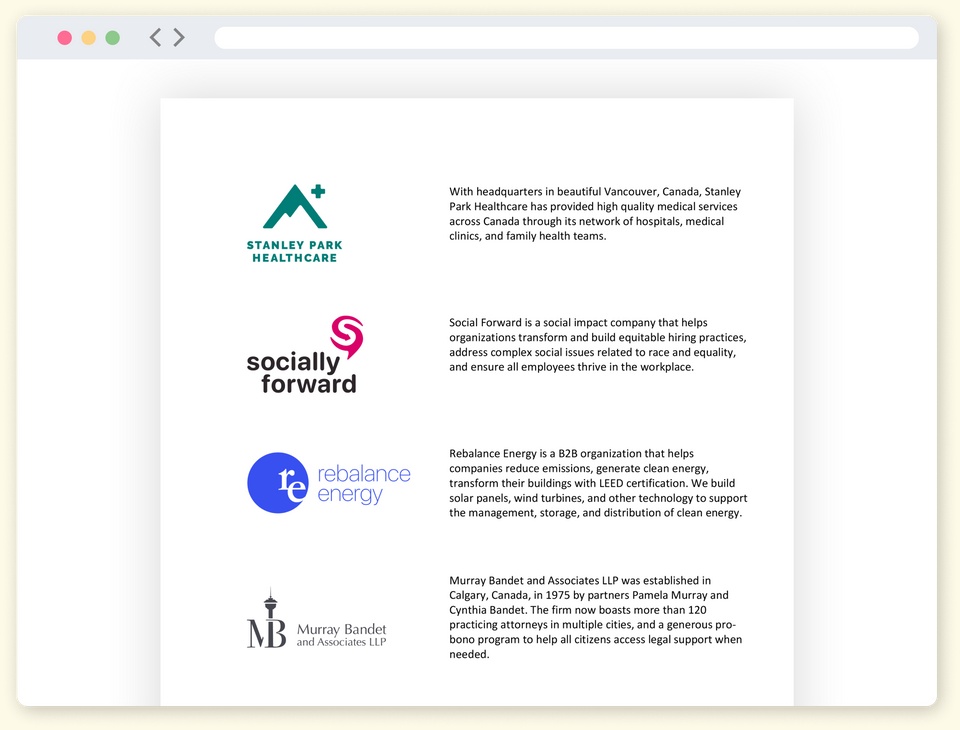 Typist Documents screenshot showing fictional healthcare, social impact, energy, and legal organizations