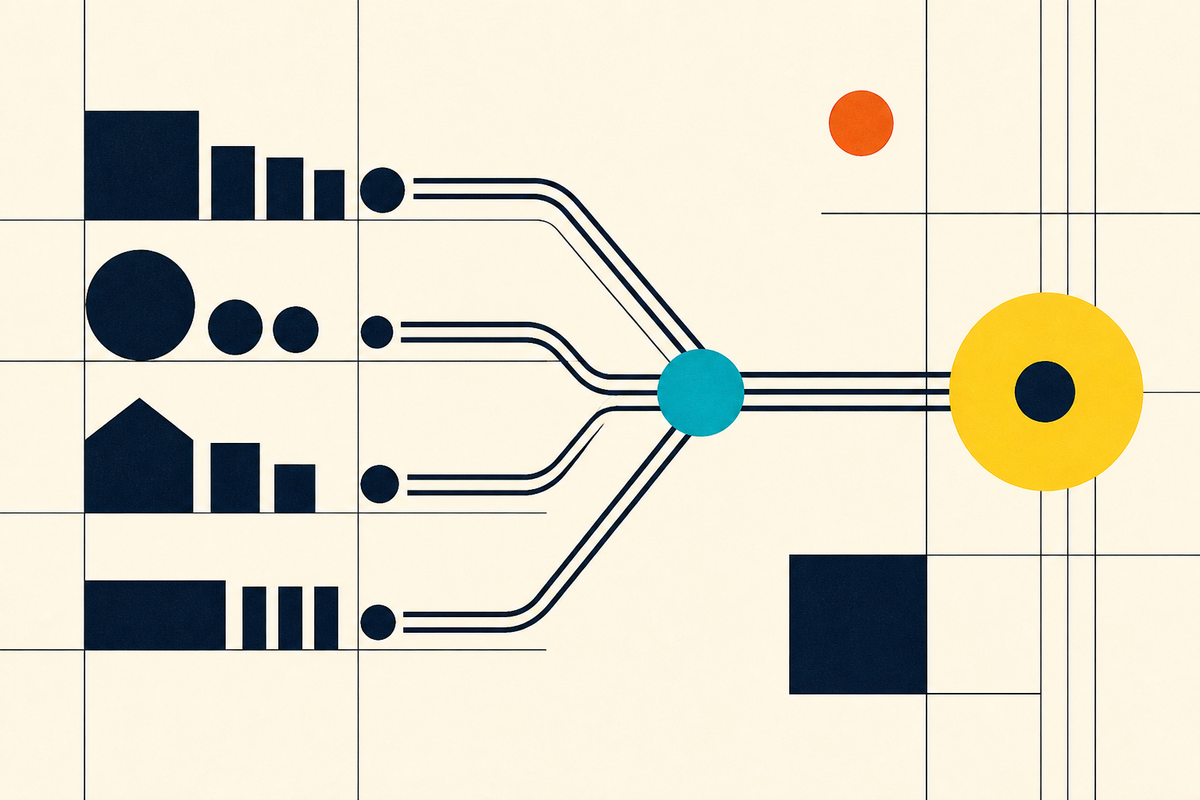Abstract Swiss-style illustration of separate asset shapes joining regulated market rails
