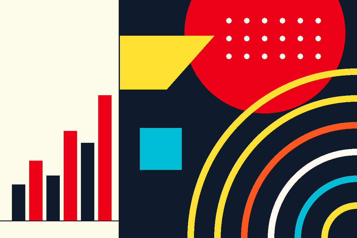 Swiss Style geometric graphic in UBS red, navy and yellow