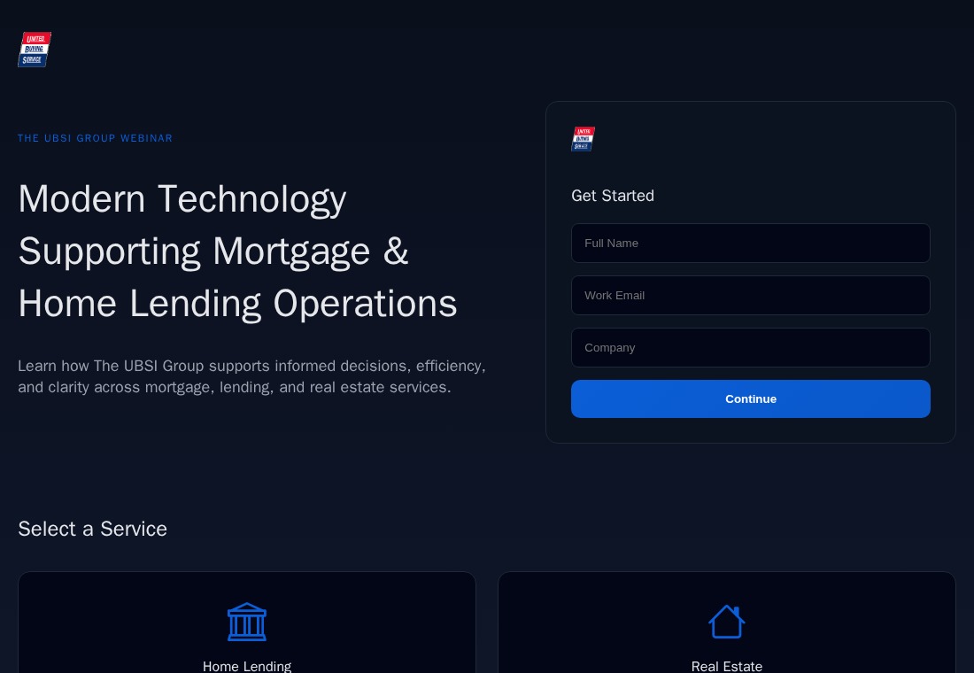 UBSI’s public lending registration webpage with a service selection and inquiry form