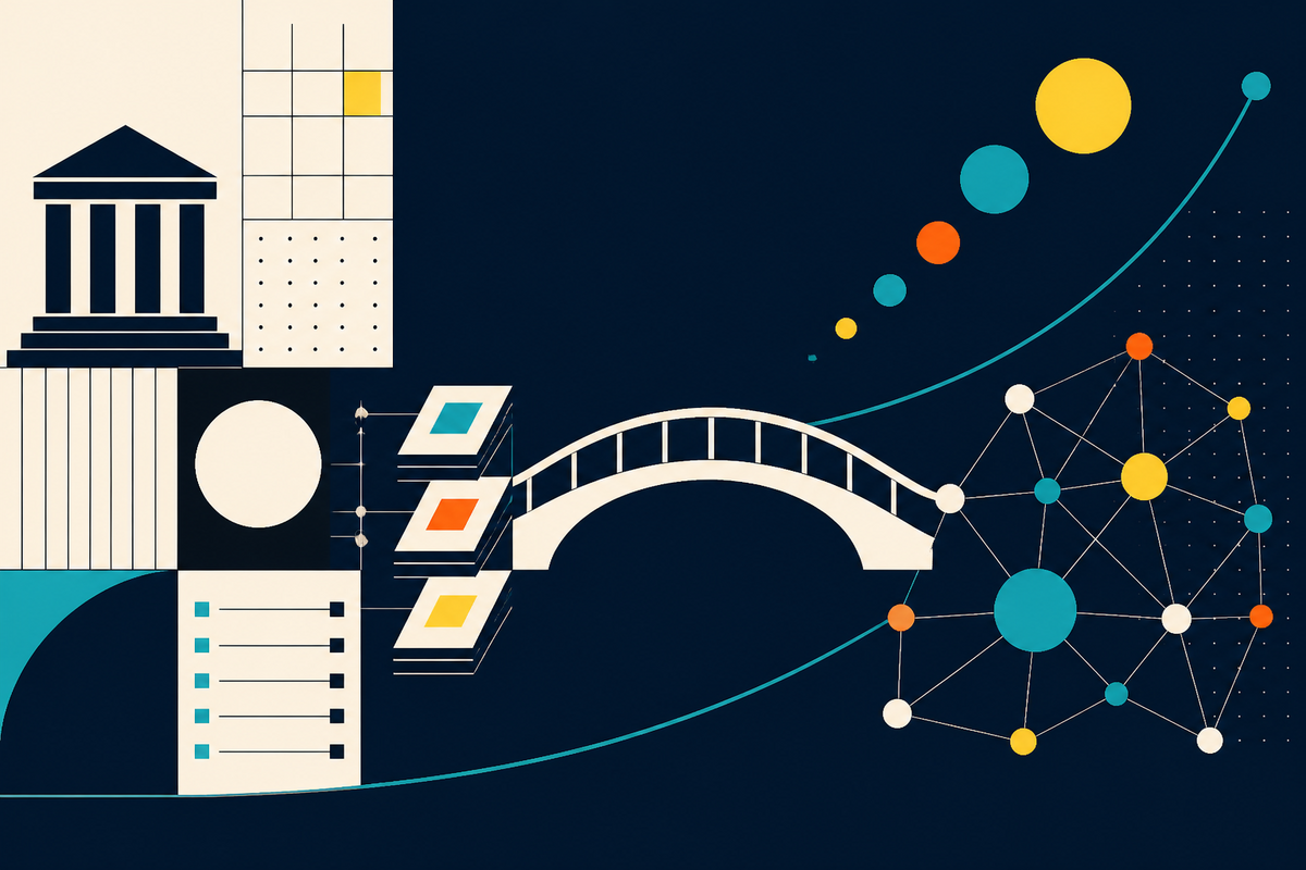 Abstract geometric bridge between an institutional grid and a decentralized network