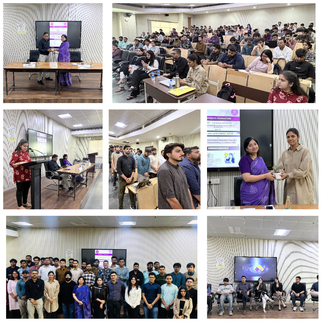 Photo collage of students, speakers and a startup panel at Delhi University’s April 2026 Udhmodya event