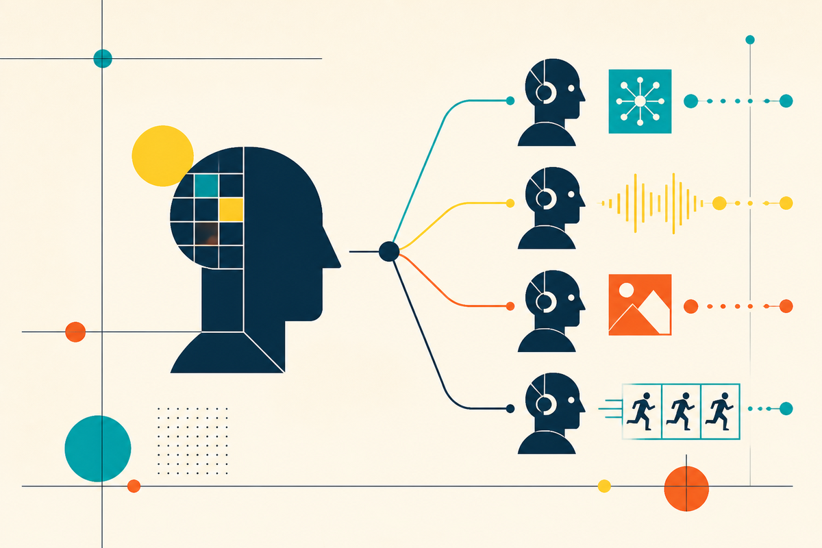 Abstract geometric illustration of one human profile branching into four specialized digital workers