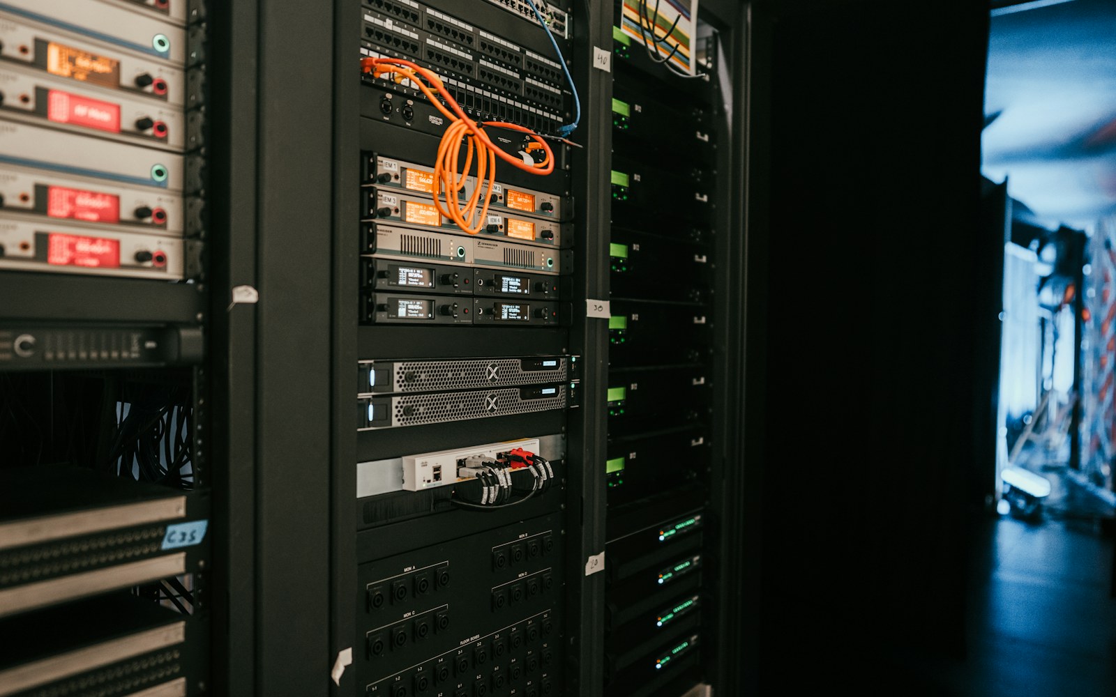 Rows of connected servers inside a data center