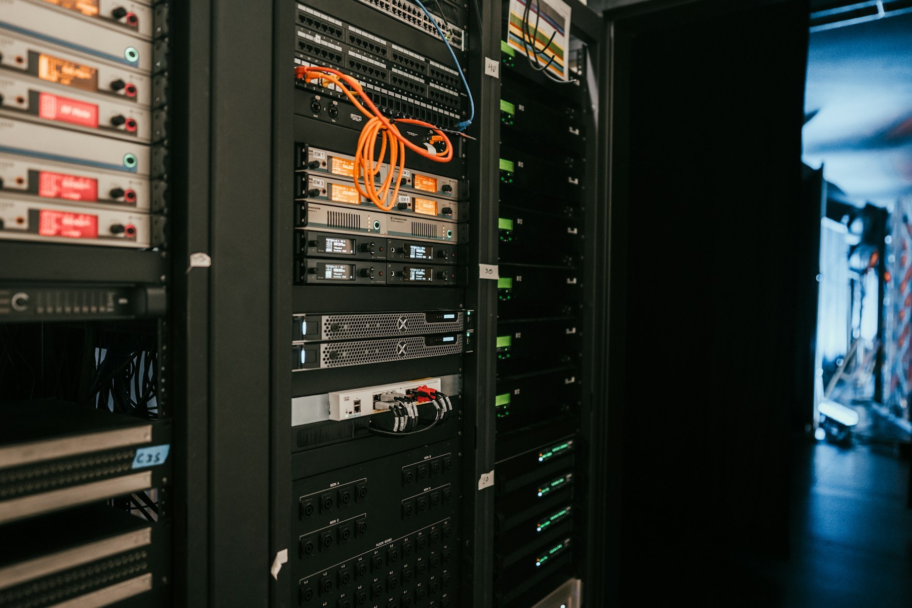 Racks of communications equipment and cabling