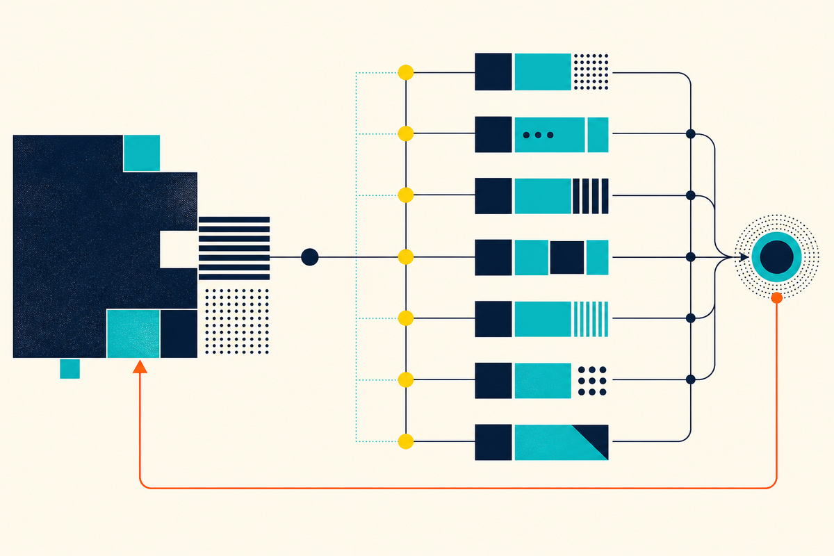 Abstract Swiss Style diagram showing multiple dependencies converging on a migration checkpoint with a rollback path