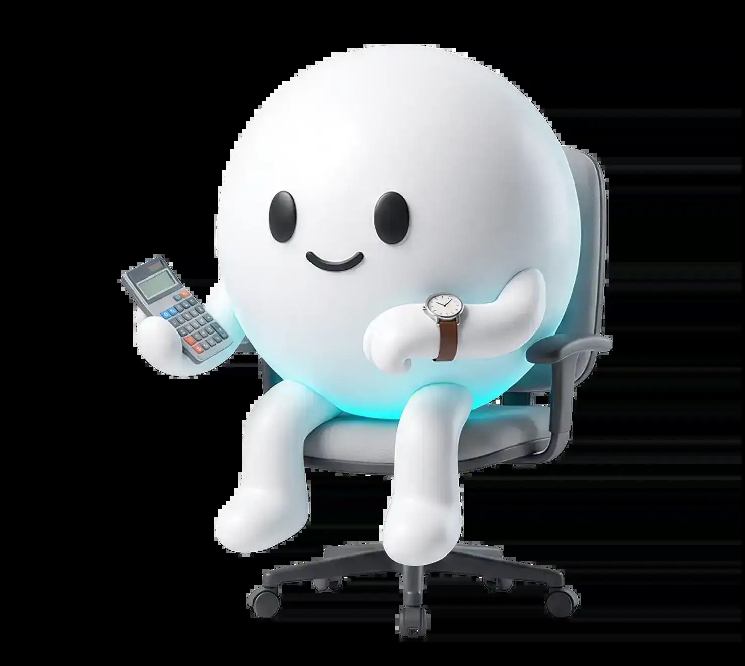 UJET character holding a calculator and checking the time