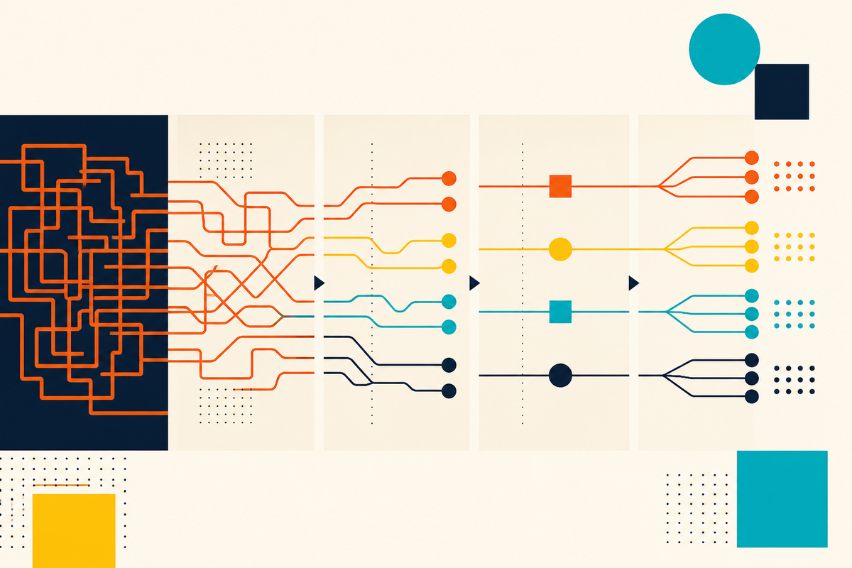 Abstract Swiss Style diagram showing tangled routes becoming four organized migration lanes