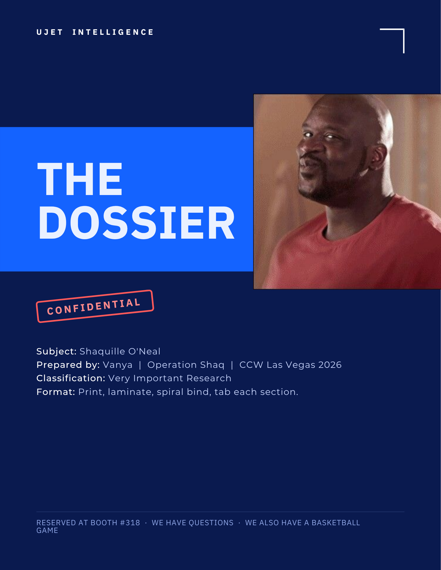 A navy 'The Dossier' cover page from UJET Intelligence, stamped Confidential, subject Shaquille O'Neal, classification Very Important Research