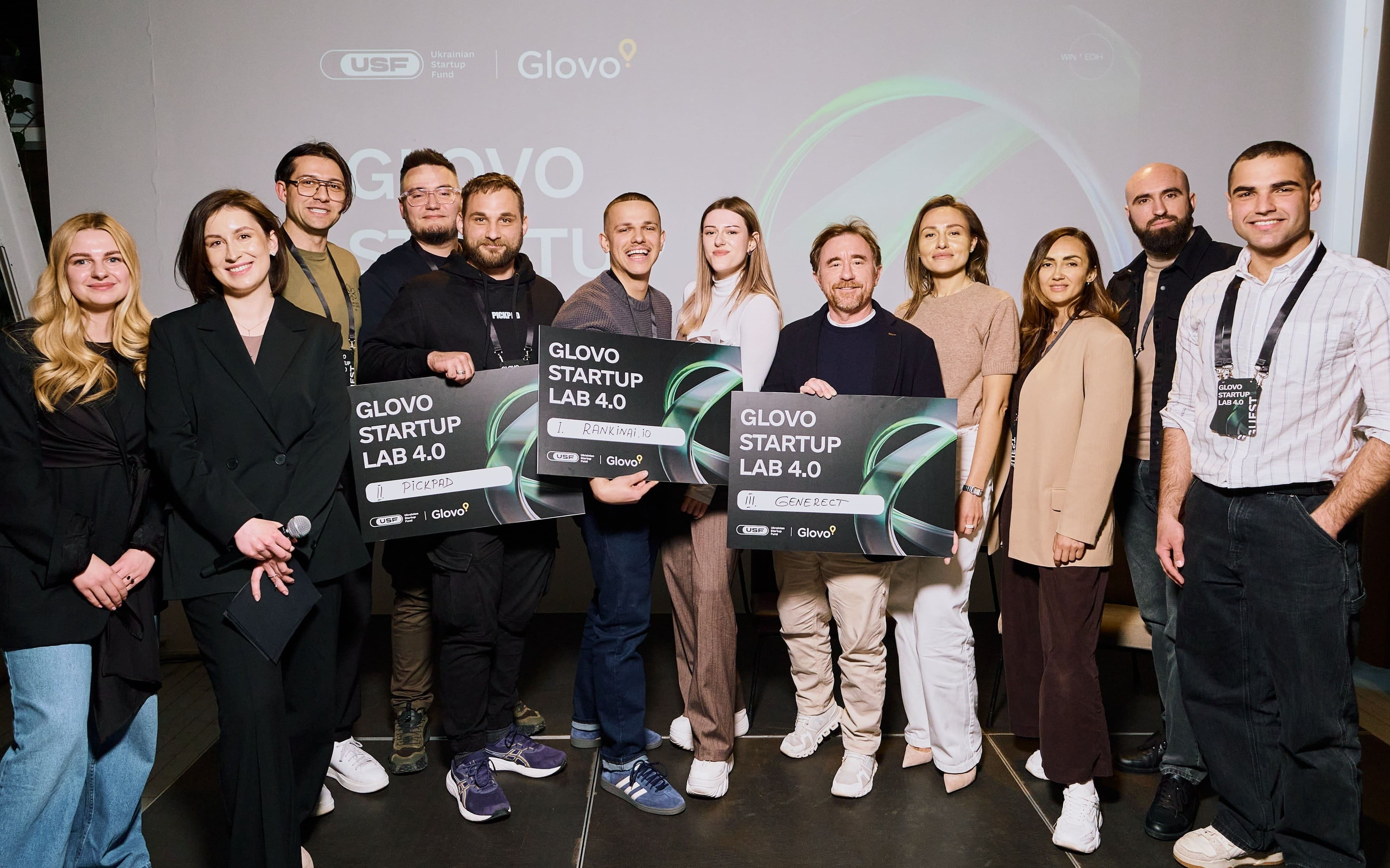 Founders and organizers onstage at the Glovo Startup Lab 4.0 Demo Day in Kyiv