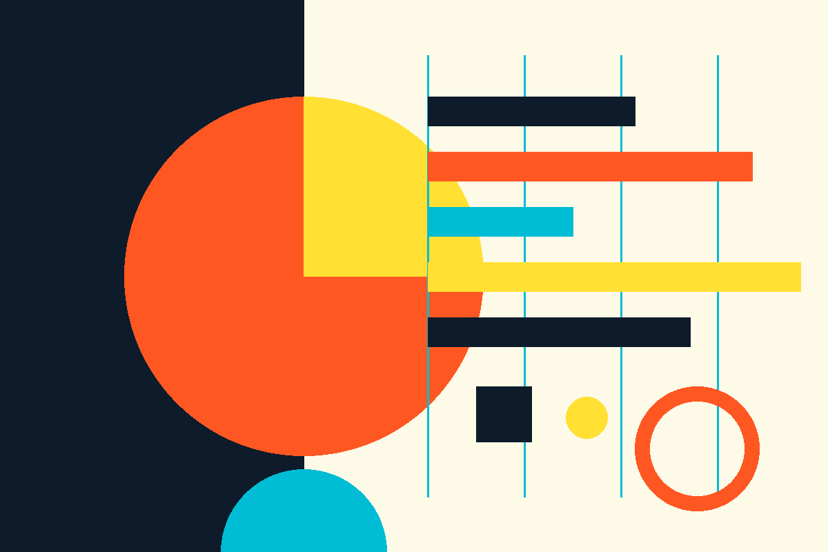Swiss-style geometric graphic in Ulta's navy, orange, teal and yellow palette