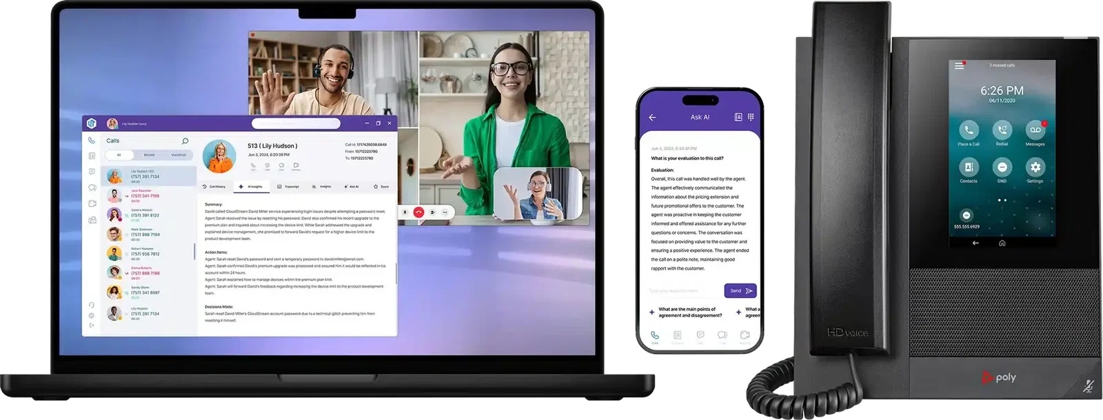 Ultatel product montage showing its desktop call interface, mobile AI screen and a Poly desk phone