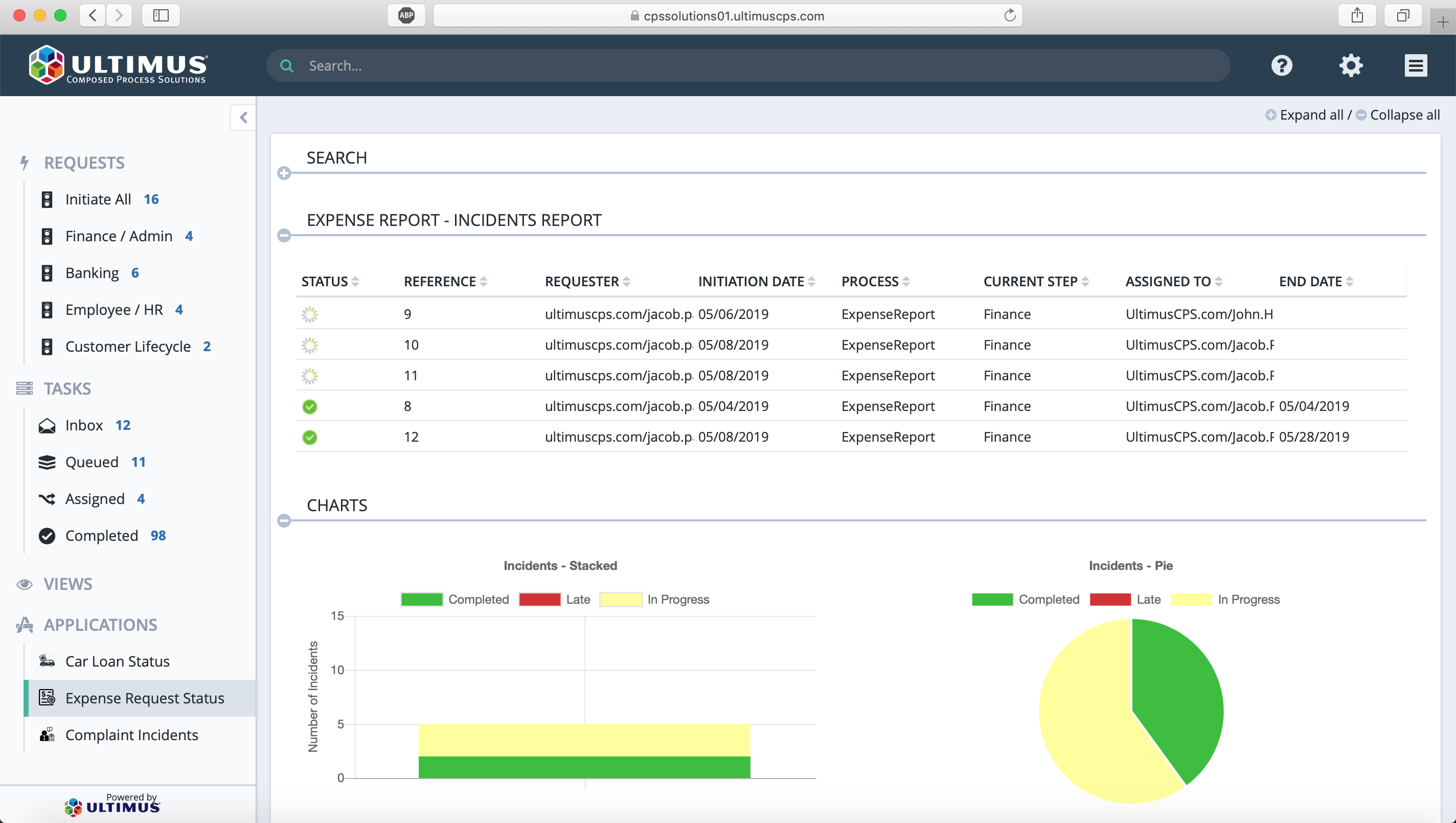 Ultimus expense account status interface with tables, filters, and reporting controls