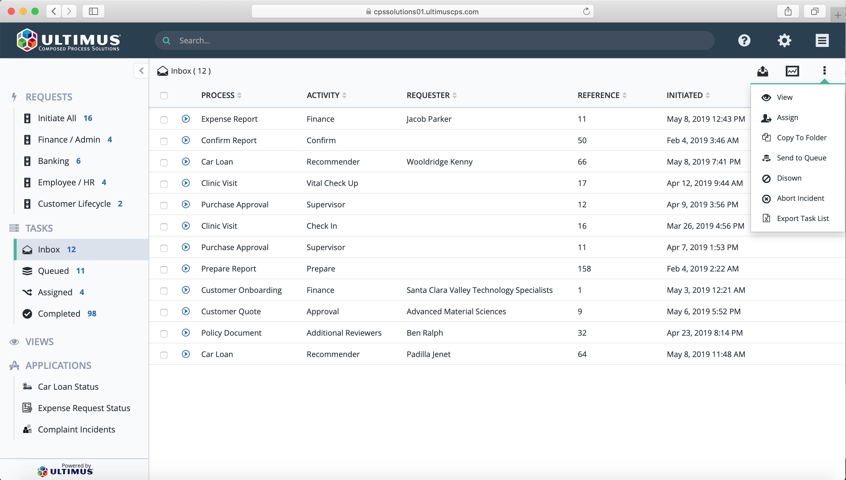 Ultimus CPS task inbox showing assigned tasks, filters, and process information