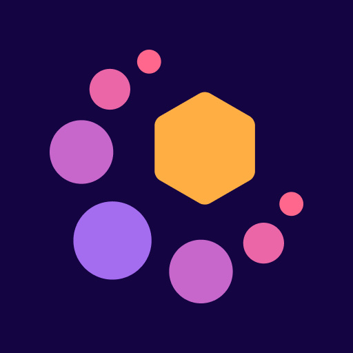 Umrahme logo - a yellow hexagon orbited by colorful dots on deep navy