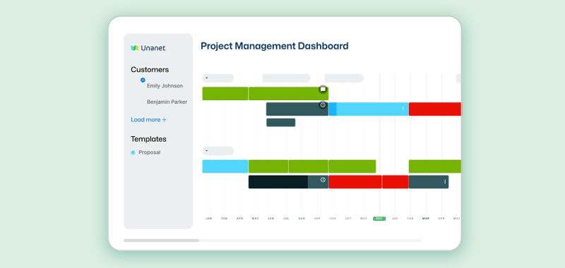 Unanet product illustration showing a project management dashboard and colored schedule bars
